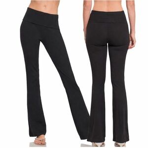 ZENANA PREMIUM COTTON FOLD OVER FLARE LEG YOGA FLARE PANTS BLACK Size Small